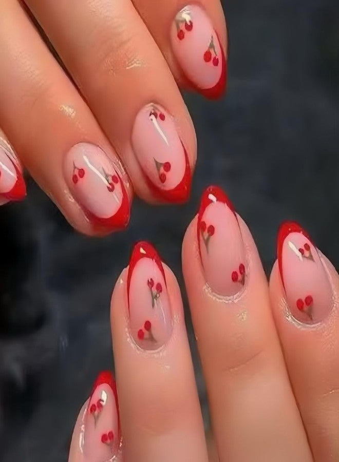 مكونتج مجموعة أظافر صناعية قصيرة مربعة الشكل من البلاستيك، 24 قطعة، بتصميم الكرز، متعددة الألوان، أطراف فرنسية لامعة، تغطية كاملة، قابلة لإعادة الاستخدام، مناسبة لفصل الصيف - Image 1